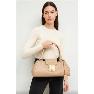 TRUSSARDI Beige Leather Baguette Clip Shopper Shoulder Push Lock Handbag Womens